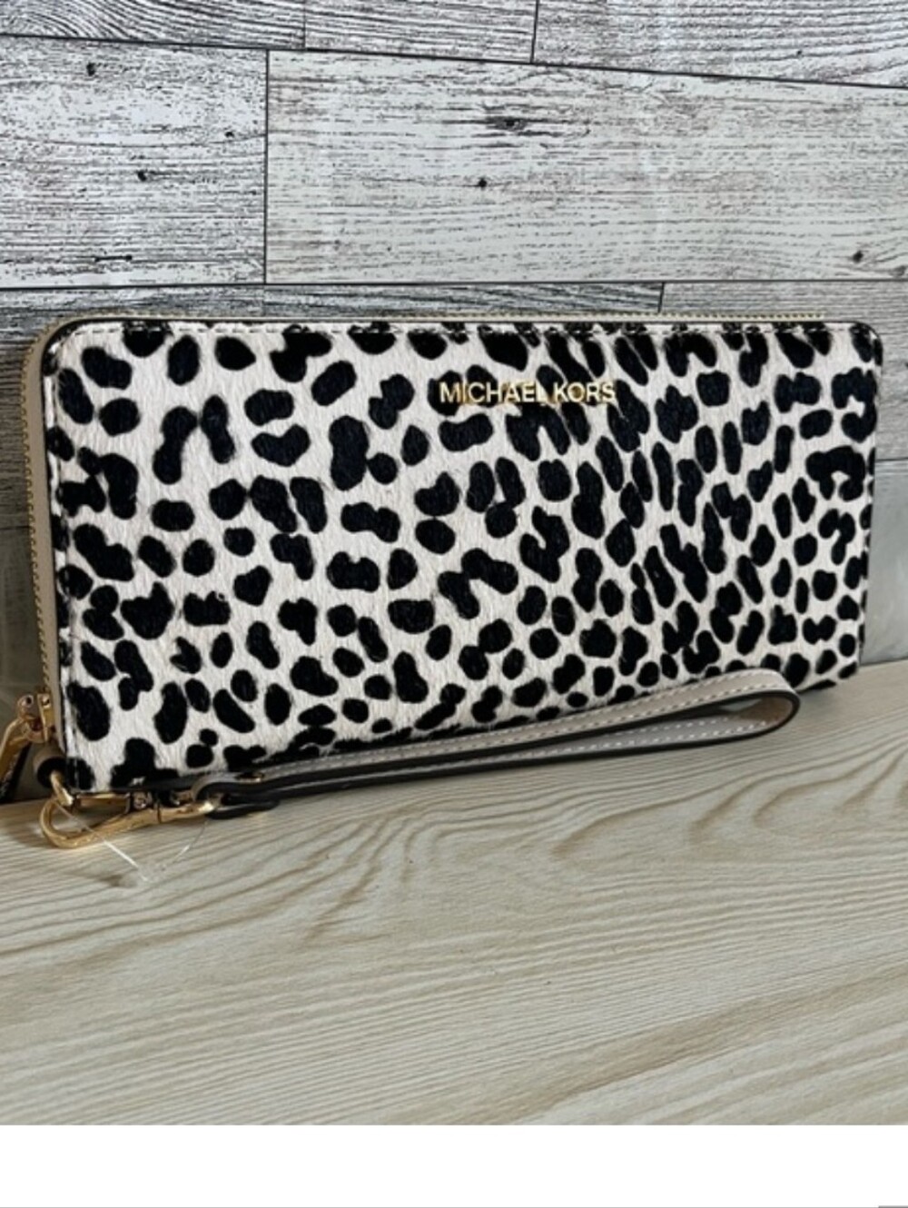 MICHAEL Michael Kors Black and White Leopard Print Zip Wallet